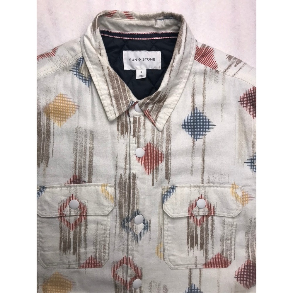 Sun + Stone Mens Quilted Lined‎ Shirt Jacket Medium White Tribal Geometric - Picture 2 of 10